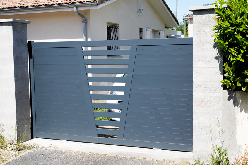 modern door gray gate aluminum home portal with blades suburb house street